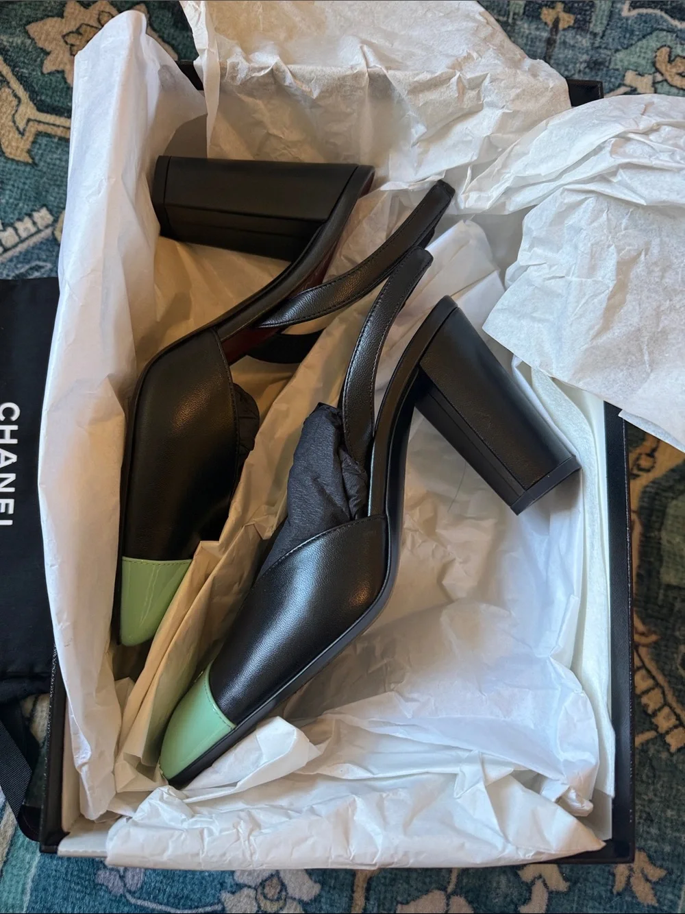 Chanel 26S Blazy Black Minty Green Square Cap Toe Sling Slingback Heel 37.5
